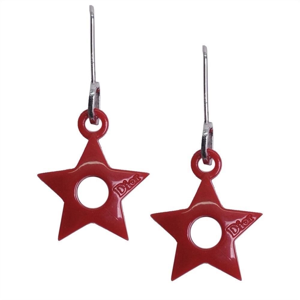 VTG Christian Dior Red Acrylic Star Logo Silver Hook Drop Dangle Earrings